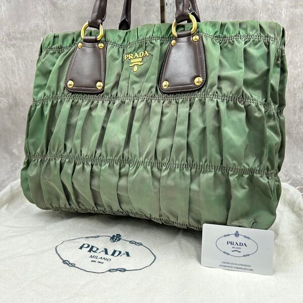 【保存袋付・良品】 プラダ PRADA トートバッグ 2way ワンショルダー ハンドバッグ ギャザー テスート ロゴ金具