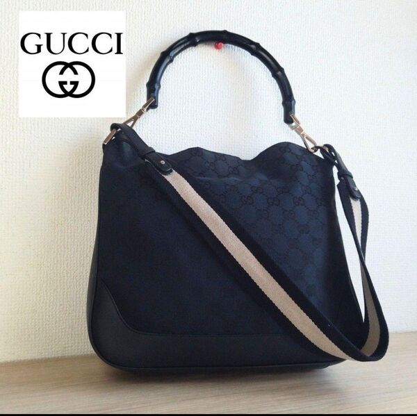グッチ バンブー シェリーライン レザー GGキャンバス 2WAYバック 美品 廃盤品