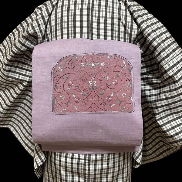 ★花唐草文様刺繍!!紬 太鼓柄袋帯 洒落帯 正絹 薄い藤色