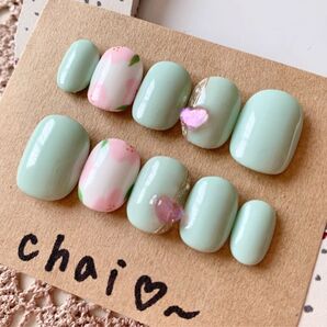 【現品】ネイルチップ シンプル ミント お花 ベリーショート