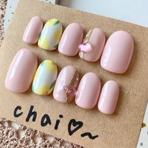 【現品】ネイルチップ シンプル ピンク お花 ショートオーバル