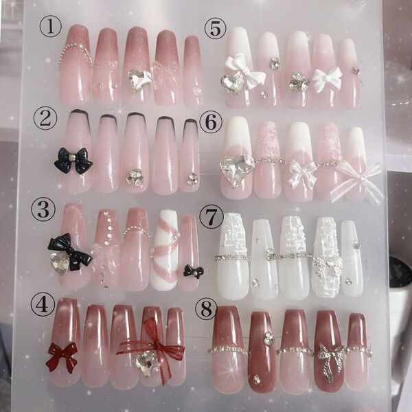 ネイルチップ ピンク 赤 ホワイト 韓国 量産型 y2k フレンチガーリー ワンホン 春 ジェルネイル チップ マグネット リボン