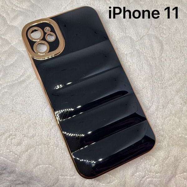 iPhone 11 スマホケース ダウンジャケット風 ゴールドメッキ 韓国 ブラック