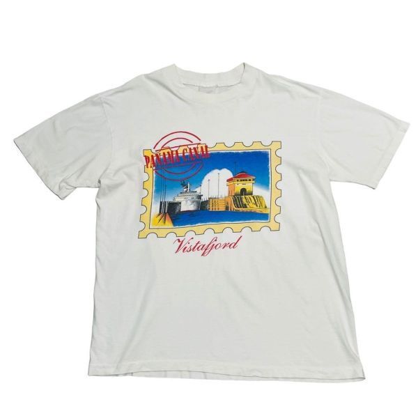 送料無料!80s ビンテージ Tシャツ USA製 シングルステッチ ボックスシルエット スーベニア パナマ運河 土産物 切手 白 vintage 古着 XL