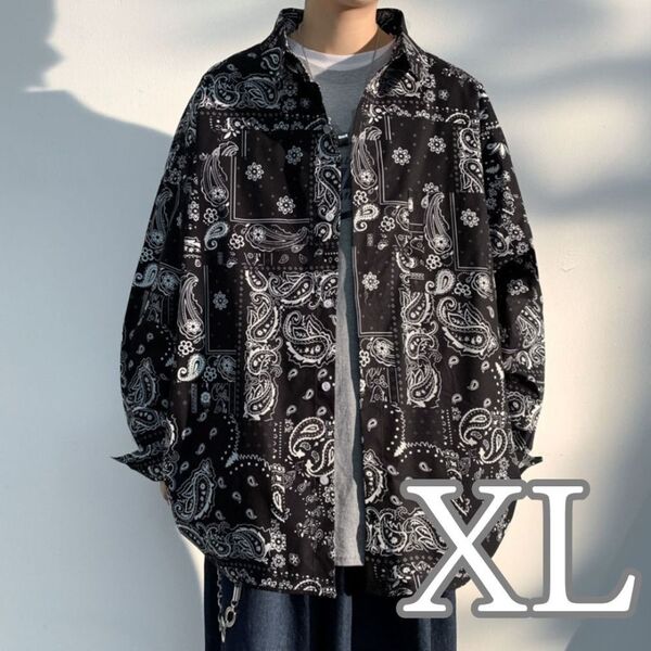 柄シャツ メンズ シャツ 長袖 カジュアル 韓国 ブラック Tシャツ XL