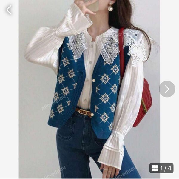 SHEIN シーイン レディース ベスト Vネック 春 ブルー レトロ