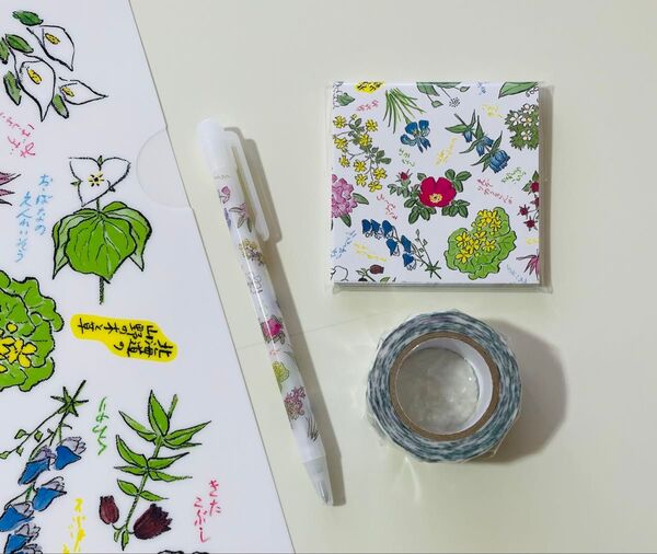 六花亭 オリジナル文具4種セット 花柄マスキングテープ ボールペン 付箋 クリアファイル