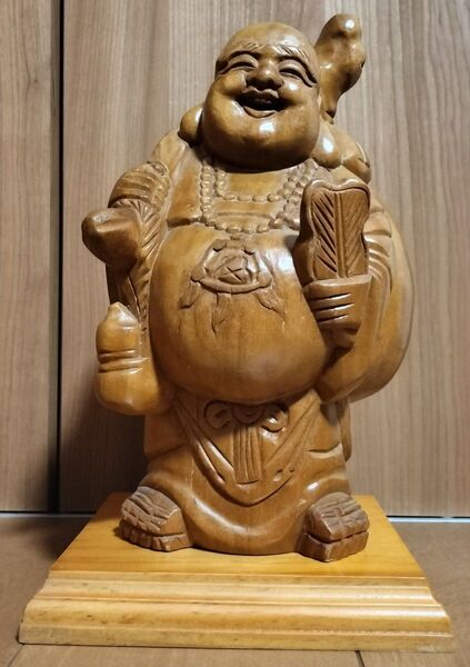 布袋尊 布袋様 木彫り 七福神 木像 縁起物 台座付き