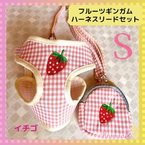 【新品送料無料】フルーツ刺繍入 ハーネスポーチリード3点セット《いちごS》 犬用ハーネス ペット用