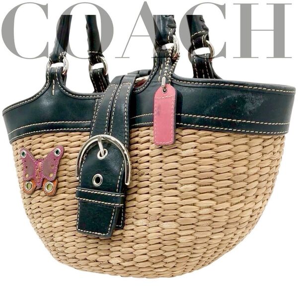 COACH コーチ カゴバッグ ハンドバッグ レザー ベルト ソーホー 黒 蝶 肘掛け◎