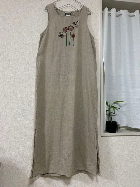 リネン100%ノースリーブロングワンピース ベージュL