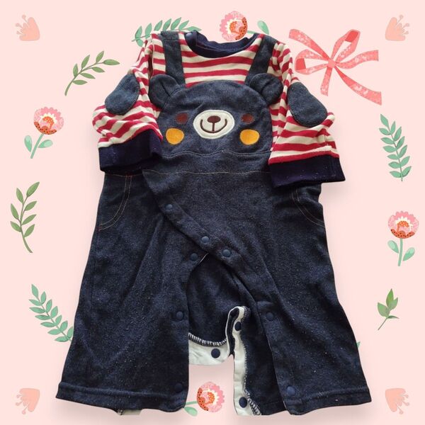 クマの顔 ロンパース カバーオール ストライプ 60〜70cm 2025.04.18.Navy
