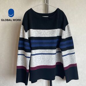 GLOBAL WORKグローバルワークLマルチカラーボーダーセーターアクリル レーヨン ウール長袖ボートネッククルーネック丸首3色