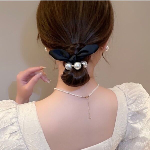 パール リボン ヘアゴム ヘアアクセサリー 上品 ブラック 黒