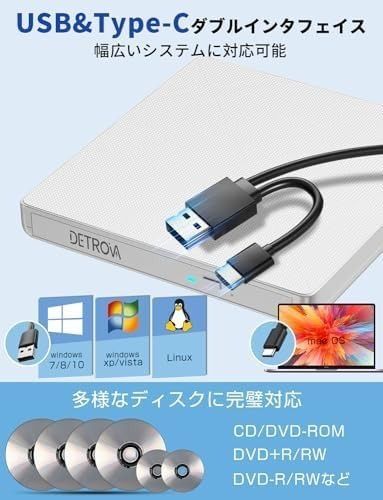 CD/DVD-Rプレイヤー 外付けDVD/CDドライブ ホワイト