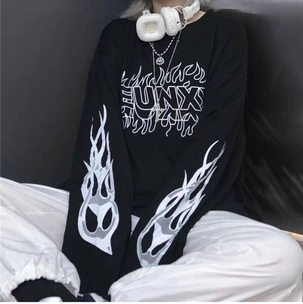 【大人気】Tシャツ 韓国 ビッグシルエット レディース 黒 L カジュアル