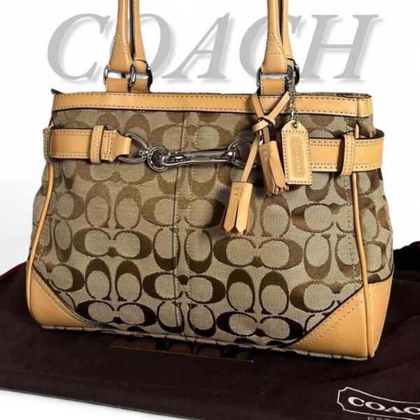 美品 COACH コーチ トートバッグ ハンドバッグ シグネチャー キャンバス レザー ショルダー