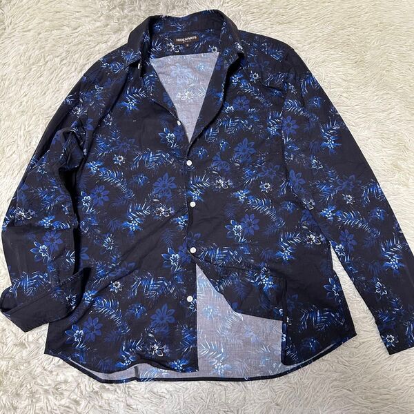 HIDEAWAYS NICOLE ハイダウェイ ニコル 花柄 シャツ XL ブラック ブルー ボタニカル 長袖 ストレッチ XL