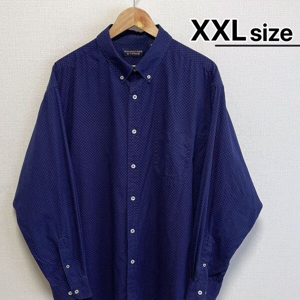 USA古着 コットンシャツ 長袖 XXL ネイビー 総柄 ドット ボタンダウン