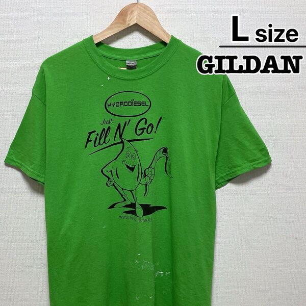 USA古着 GILDAN Tシャツ L グリーン 黄緑 プリント ペンキ汚れ