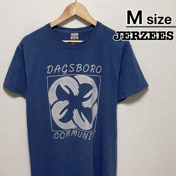 JERZEES Tシャツ M グレーブルー プリント ダッグズボロ ロゴ 古着