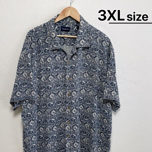 USA古着 シルクシャツ 半袖 3XL ネイビー 総柄 オープンカラー 夏服