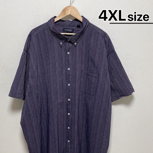 USA古着 ストライプシャツ 半袖 4XL ネイビー パープル 紫 ボタンダウン