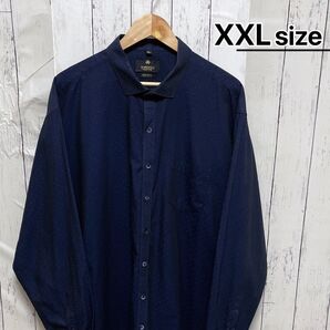 USA古着 ドレスシャツ XXL ネイビー 総柄 ドット 水玉 コットン 長袖