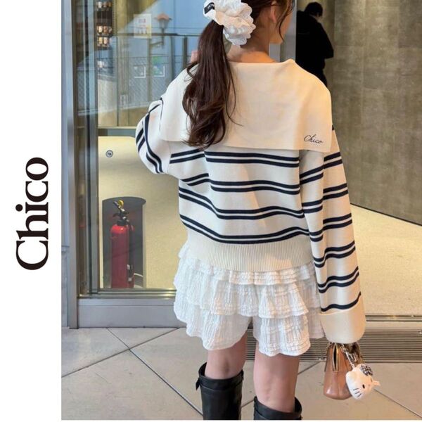 新品 Chico セーラーカラールーズニット チコ ネイビー アイボリー ニット