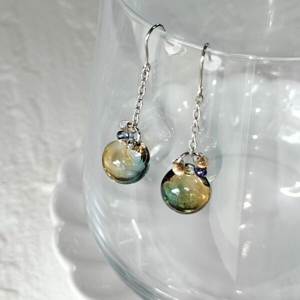 no1019大粒ブルー&オレンジミックスロングチェーンピアス 316L ハンドメイド アレルギー対応