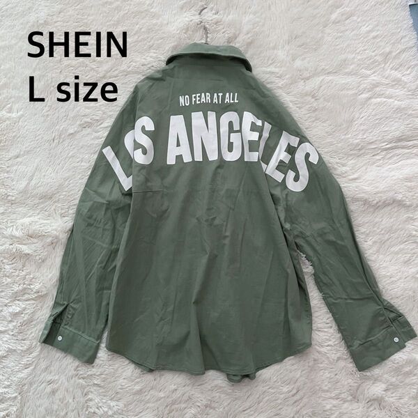 SHEIN グリーン 長袖シャツ バックプリント サイズL カジュアルシャツ コットン