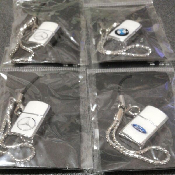 【4個セット】ジッポライター型ストラップ BMW FORD メルセデスベンツ×2 コレクション 海外 キーホルダー【未開封品】