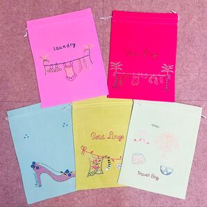 まとめ売り ベトナム刺繍 巾着 ポーチ 5枚セット