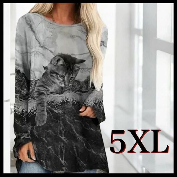 【値下げ!5XL】猫 長袖チュニック 体型カバー 大きいサイズ 新品未使用 チュニック 総柄 長袖 ロング モノクロ ブラック