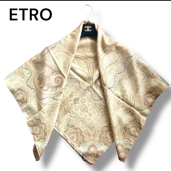 【未使用級】ETRO ストール ペイズリー柄 大判 正方形 ウール シルク ベージュ系