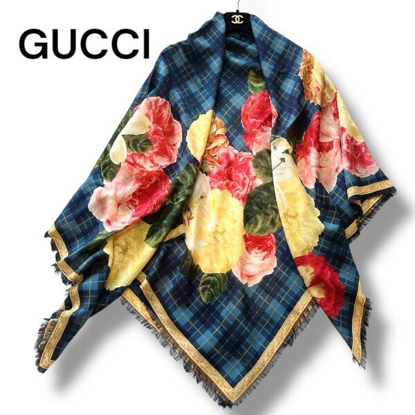 【未使用級】GUCCI フローラ ストール ショール ウール シルク 花柄 チェック 超大判