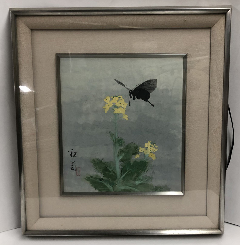 花 蝶 絵 額付き 約42×45cm, 美術品, 絵画, その他