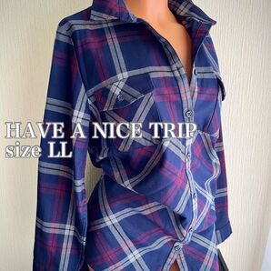 HAVE A NICE TRIP 胸元刺繍デザインチェック柄ネルシャツ