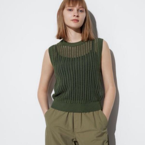 UNIQLOメッシュクルーネックショートセーター/ノースリーブニット*オリーブ/カーキLサイズ