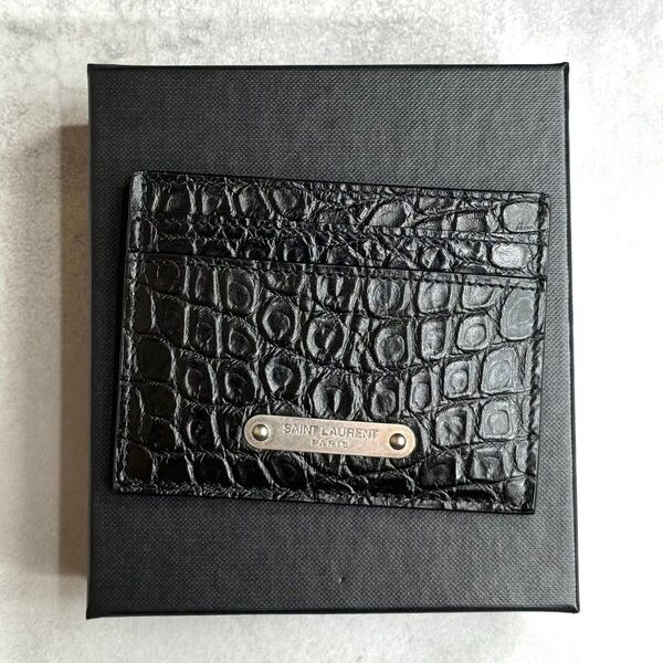 【新品未使用】 YSL サンローラン / メタルロゴクロコカードホルダー カードケース クロコ型押しレザー ブラック 462364