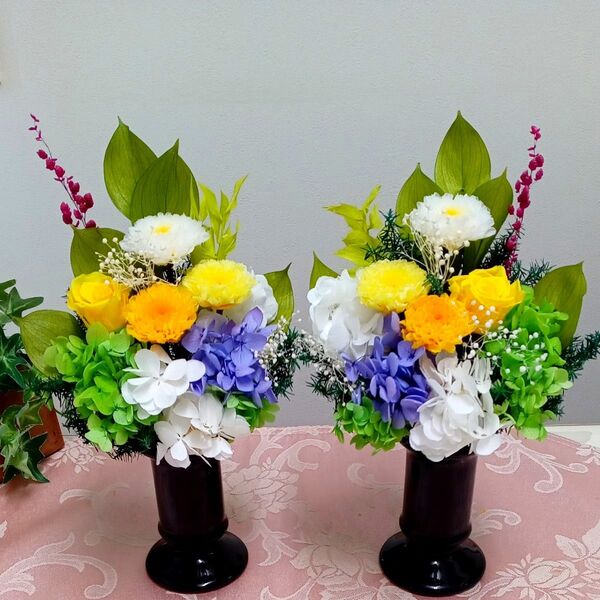 プリザーブドフラワー仏花 小さめお供え花 一対 花器活け