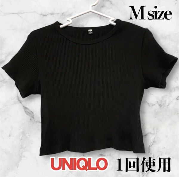 UNIQLO ユニクロ レディース リブニット Tシャツ Mサイズ ブラック 黒 クロップド ショート 半袖 カットソー