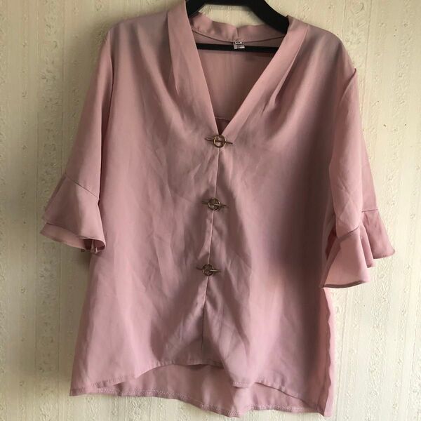 半袖ブラウス/シフォンブラウス/ベルスリーブ/Mサイズ/トップス/くすみピンク