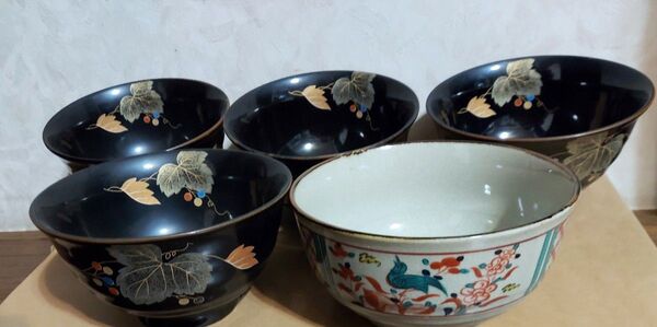 廣斎作 有田焼 どんぶり鉢4客 十五代隆泉窯どんぶり1客 計5客 汁碗 うどん 丼 来客用