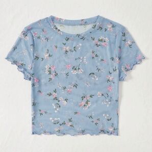 【輸入品】花柄レタストリムシアートップス Tシャツ ベビーブルー
