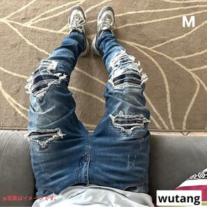 US UK drip outfit ダメージジーンズ クラッシュデニム y2k y3k ブルージーンズ スリムフィット Mサイズ