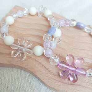 ハンドメイド ビーズ ブレスレット 花 お揃い 色違い 2色セット リンクコーデ アクセサリー