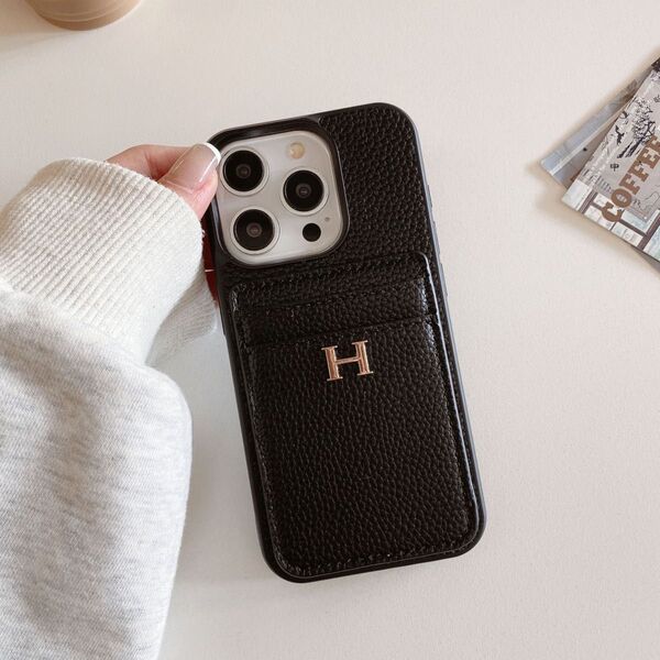 iPhone 15pro/15plus用ケース レザー ブラック カード収納