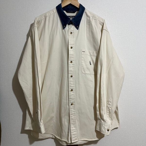 古着 90年代 ノーティカ nautica 長袖シャツ ボタンダウン ワンポイントロゴ アメカジ 白 ビンテージ 90's