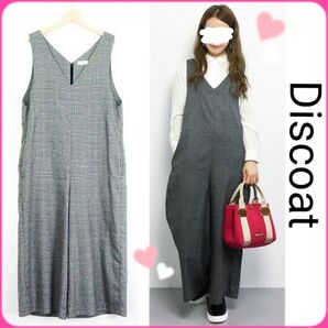Discoat Parisien Vネック サロペット グレンチェック ワイド オールインワン ワイドパンツ グレー